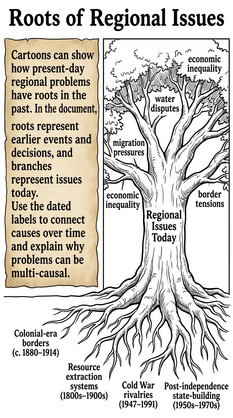 Political cartoon poster with a 48-word caption and a tree diagram linking dated historical roots to present-day regional issues such as migration pressures, water disputes, inequality, and border tensions.
