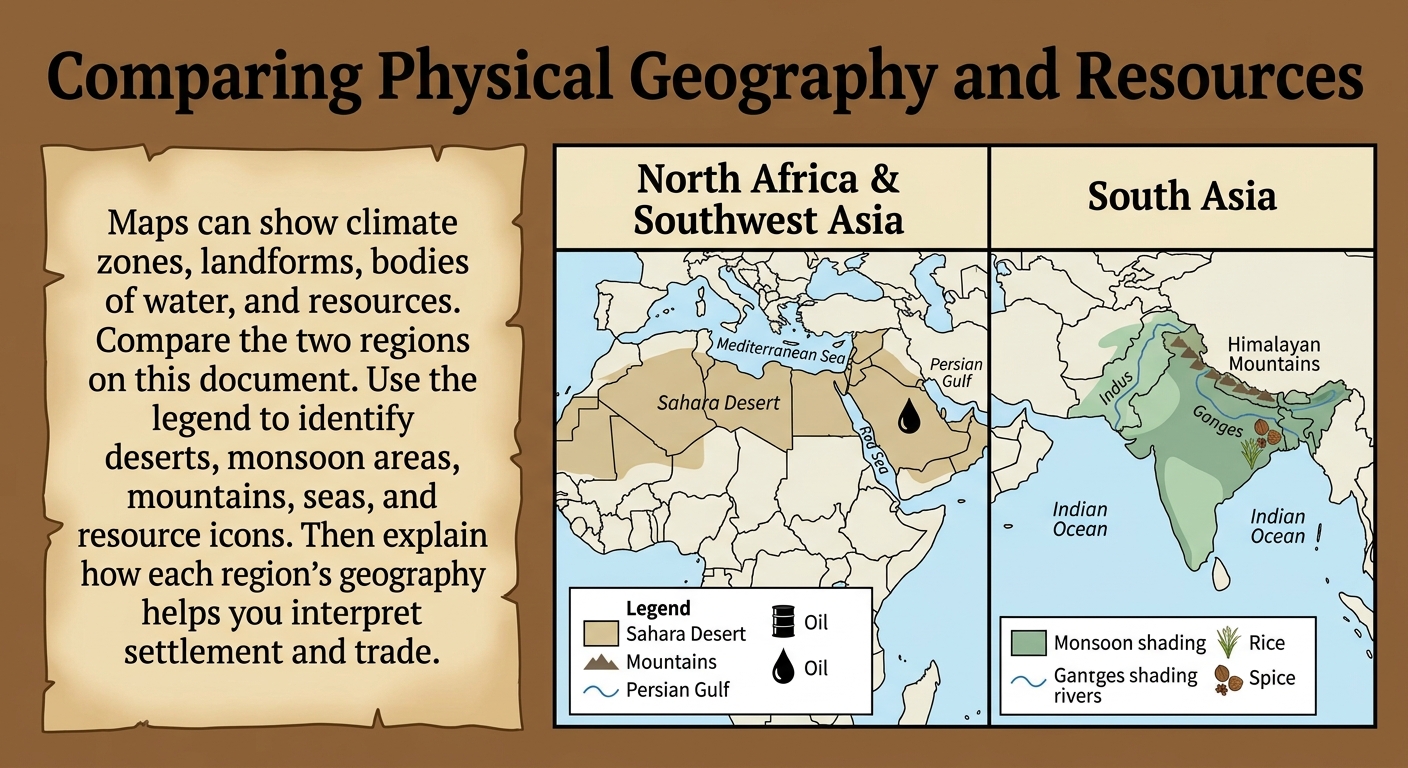 Comparative map poster with a 49-word caption and two side-by-side maps of North Africa–Southwest Asia and South Asia showing climate zones, landforms, major waters, and resource icons with a legend.