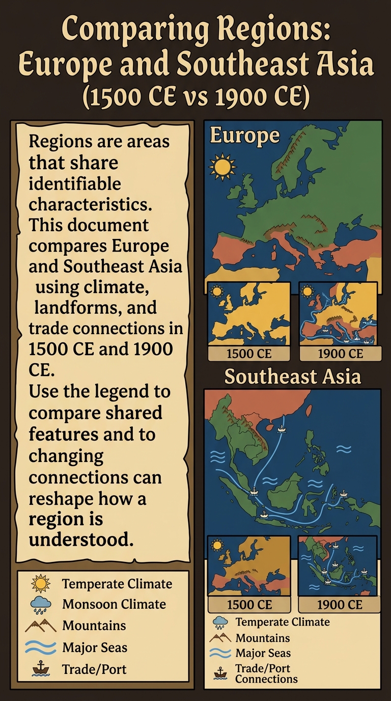 Poster with a 48-word caption comparing Europe and Southeast Asia and showing maps with dated insets (1500 CE and 1900 CE), a legend for climate, landforms, seas, and trade/port symbols.