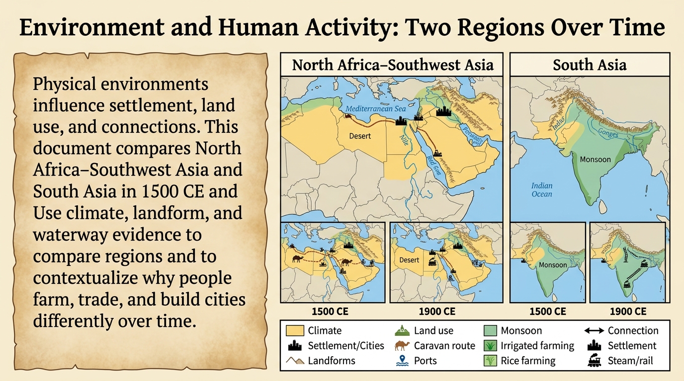 Poster with a 48-word caption comparing North Africa–Southwest Asia and South Asia in 1500 CE and 1900 CE, using icons for climate, landforms, waterways, settlement, land use, and connections, with a legend.