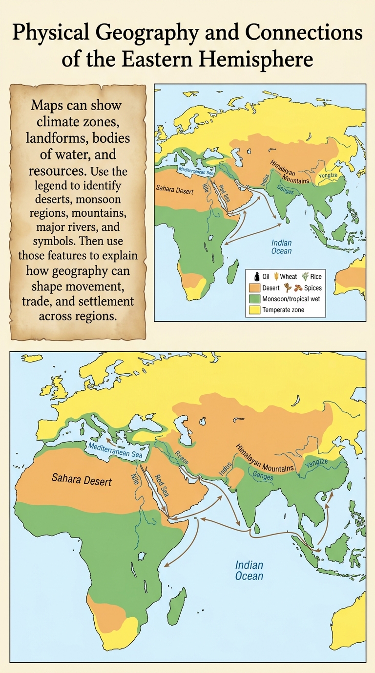 Poster map with a 48-word caption and an Eastern Hemisphere map showing climate zones, major landforms, bodies of water, rivers, resources, and sample trade-route arrows with a legend.