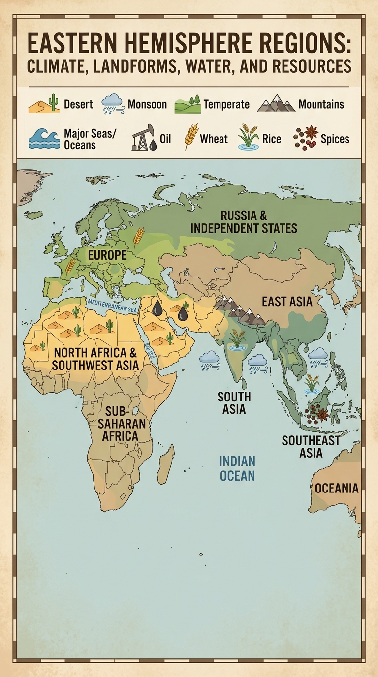 Labeled Eastern Hemisphere map showing regions with a legend for climate zones, mountains, major seas, and resource icons including oil, wheat, rice, and spices.