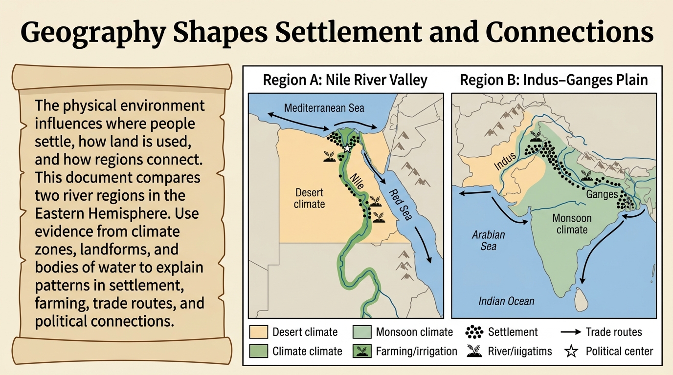 Poster with a 50-word caption and two maps comparing the Nile River Valley and Indus–Ganges Plain using climate, landforms, waterways, settlement, land use, trade routes, and political centers with a legend.