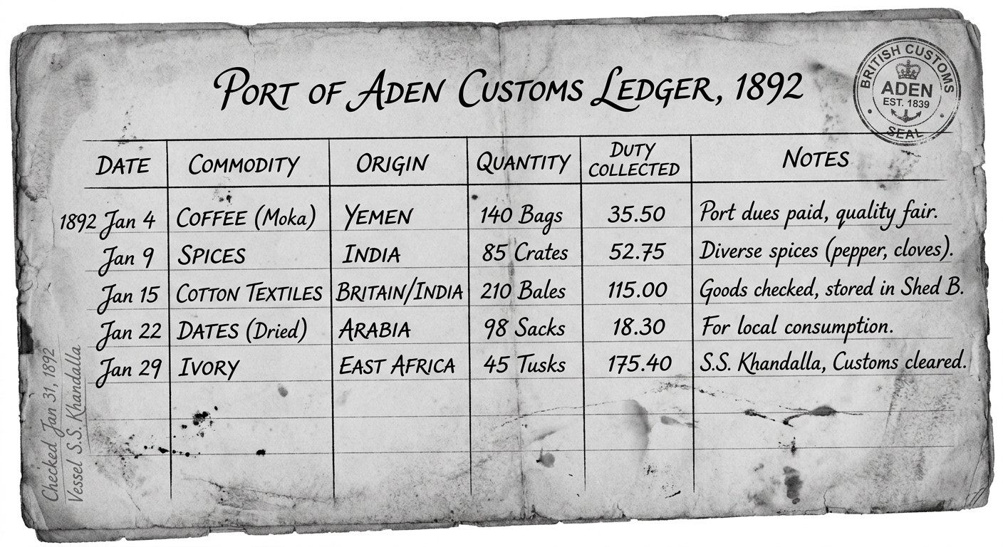 Grayscale scan of an 1892 customs ledger from the Port of Aden listing commodities, origins, quantities, and duties collected.