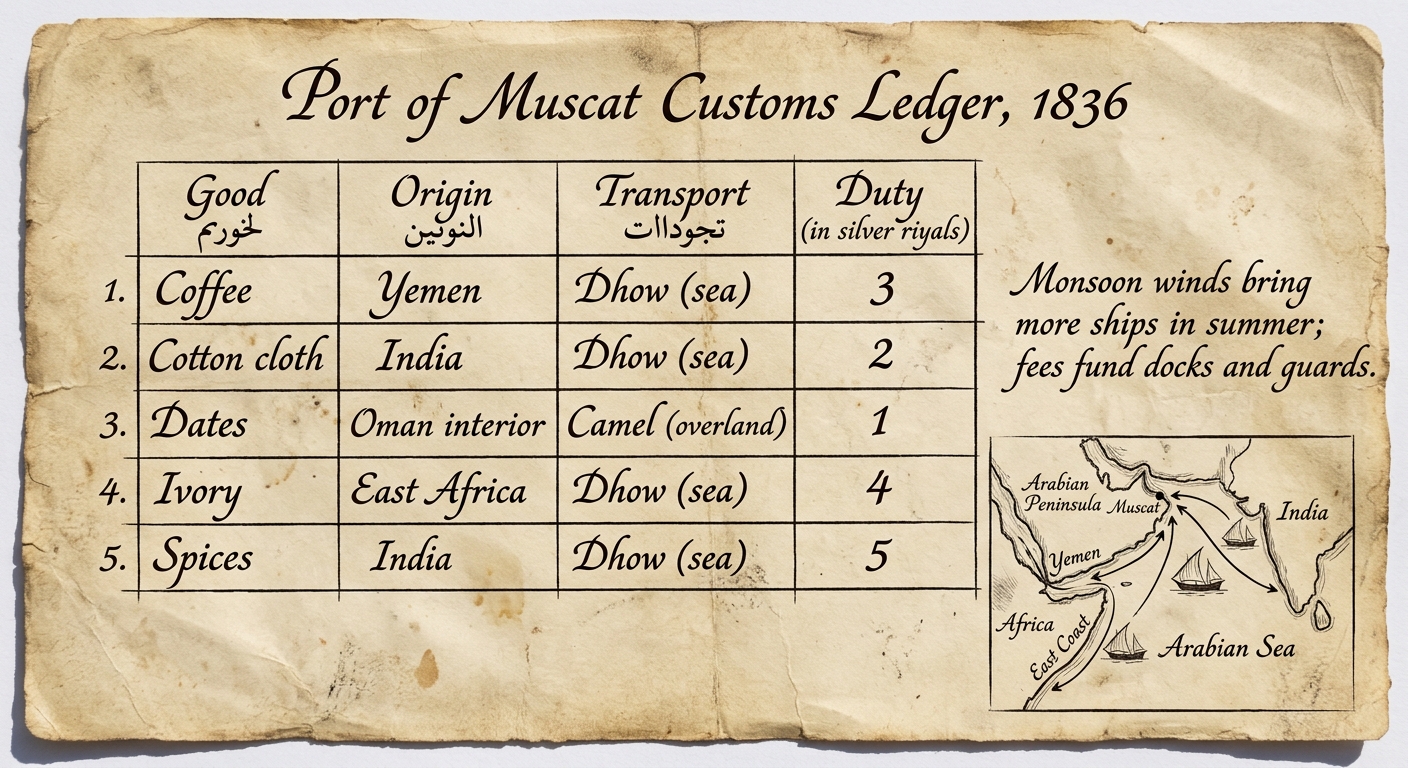 A sepia-toned customs ledger titled "Port of Muscat Customs Ledger, 1836" with a table of traded goods, origins, transport methods, and duties, plus a handwritten note about monsoon winds and fees funding docks and guards, and a small sketch map of sea routes in the Arabian Sea.