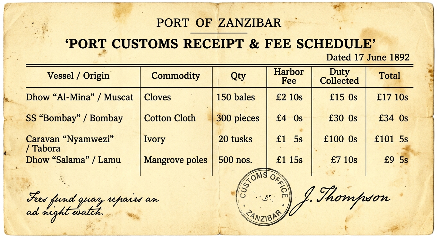 Aged 1892 Port of Zanzibar customs receipt with a table listing ships’ origins, commodities, quantities, and harbor fees and duties, plus an official stamp and a margin note about funding port services.