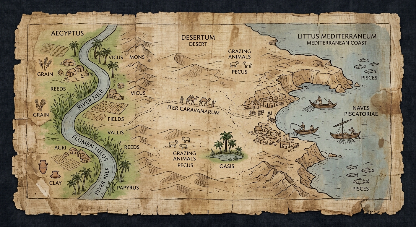 Aged parchment document showing a simple map-scene of a river valley, desert, and coastline with symbols for fish, reeds, fields, and grazing animals.