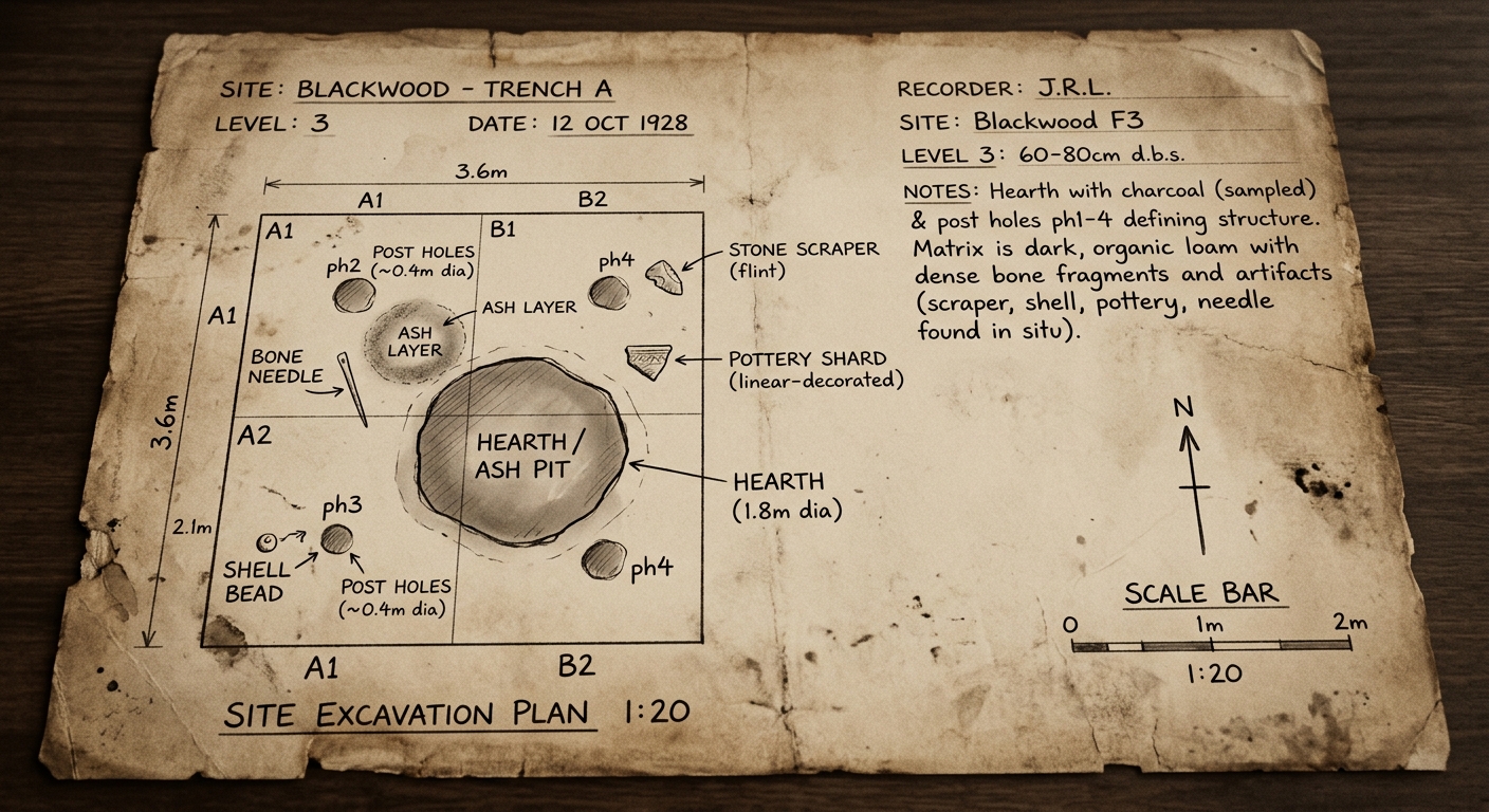 Aged field-sketch document of an archaeological dig showing a grid, a hearth, post holes, and labeled artifacts like a stone scraper, bone needle, pottery shard, and shell bead.