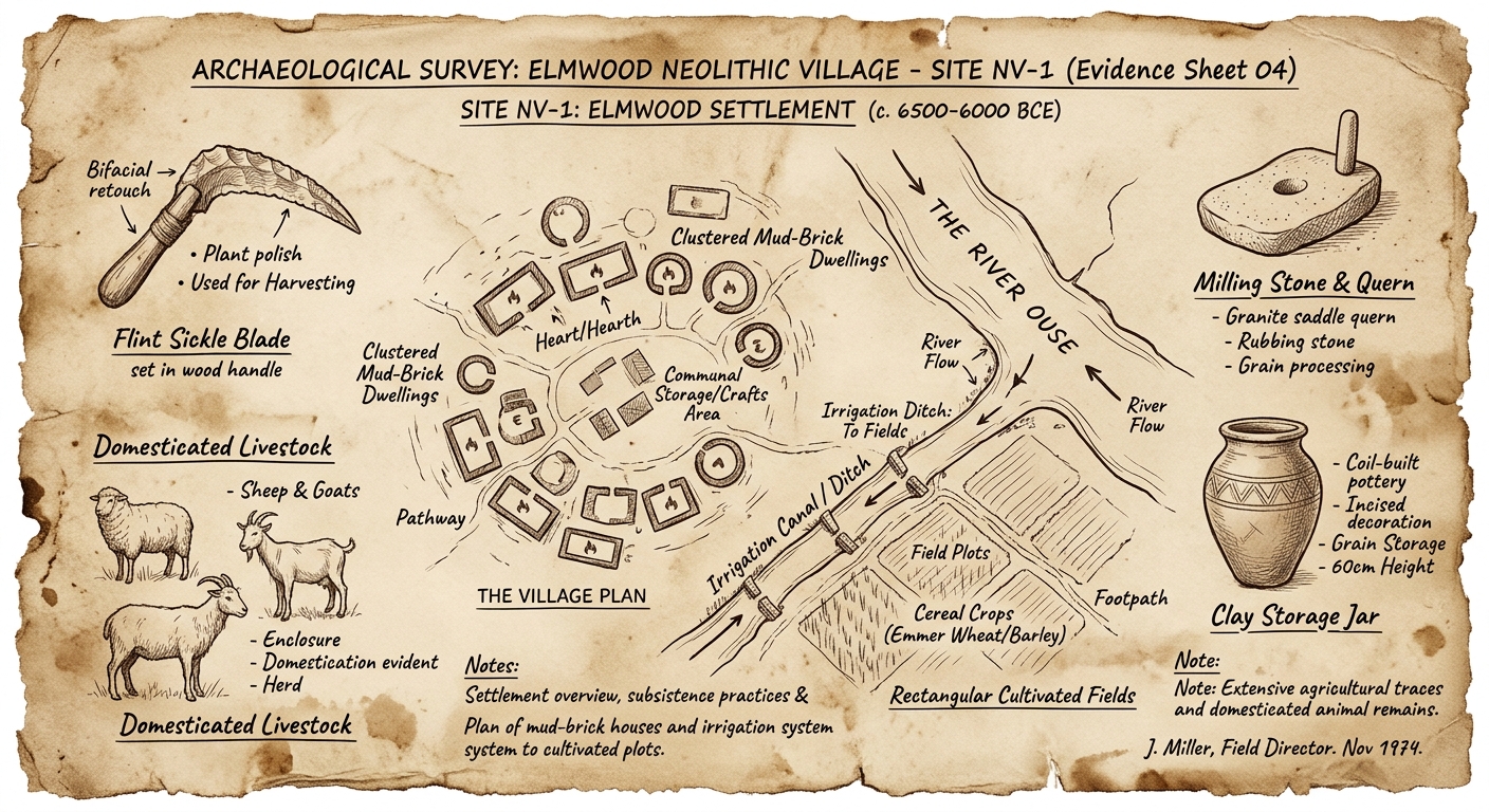 Aged archaeologist evidence sheet showing a small Neolithic village map with houses, fields, an irrigation ditch, and labeled sketches of a sickle, grinding stone, storage jar, and domesticated sheep or goats.