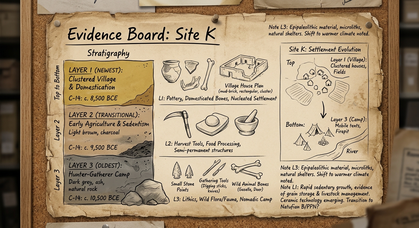 Aged evidence board showing three soil layers with dated artifact sketches that change from small stone tools to farming tools, pottery, and a village plan, suggesting a turning point over time.