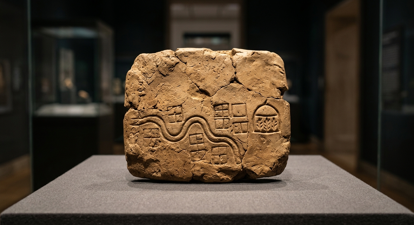 Photo of an ancient clay tablet with simple pictographs of a river, fields, and grain storage.