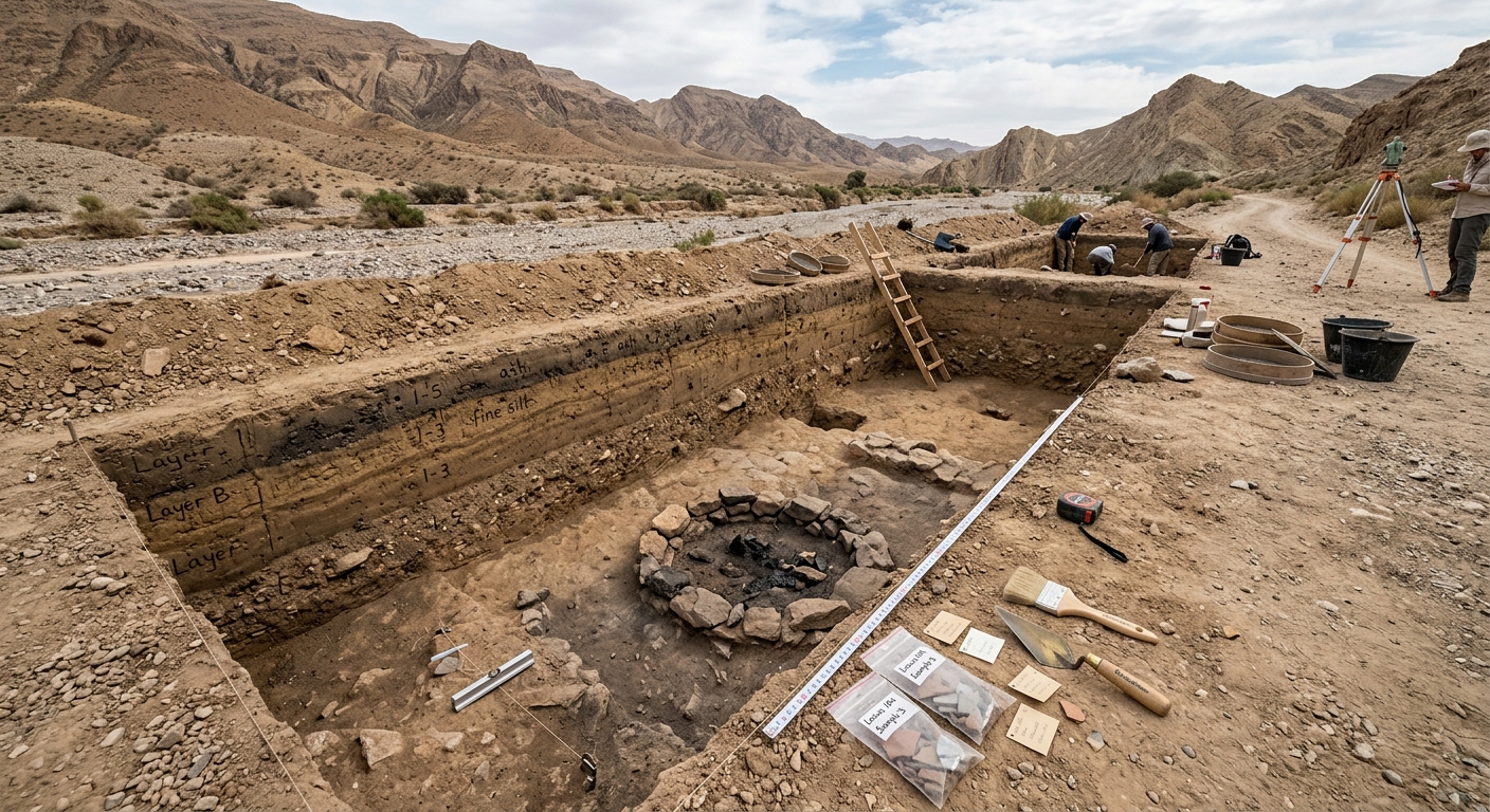 Photo of an archaeological dig trench showing soil layers, a hearth feature, and several uncovered artifacts.