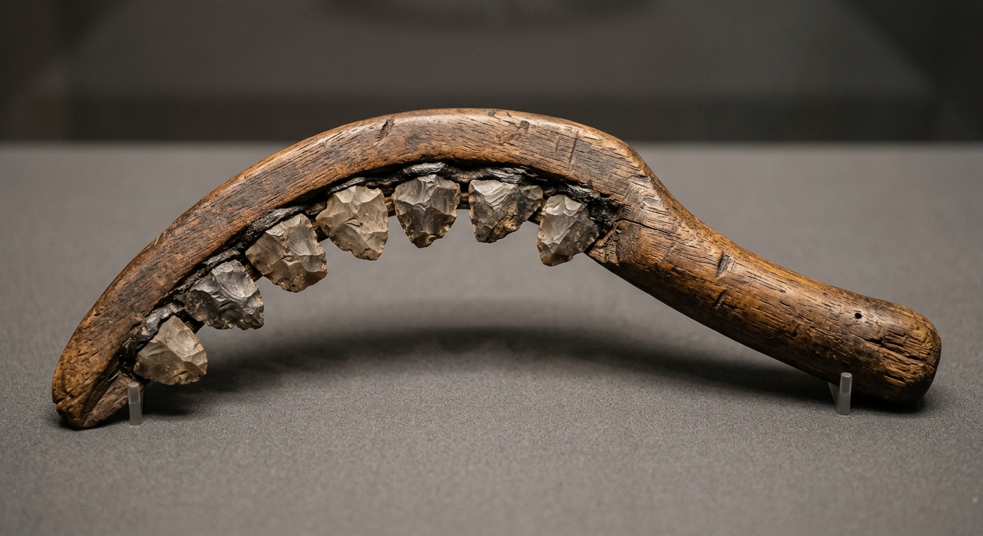 Photo of a Neolithic sickle with small flint blades set into a curved handle.