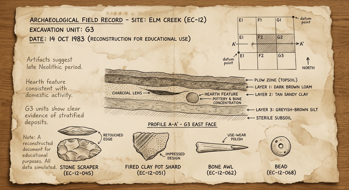 Reconstructed excavation field record showing a dig grid, soil layers, and sketches of artifacts such as a stone scraper, pottery shard, bone awl, and bead.
