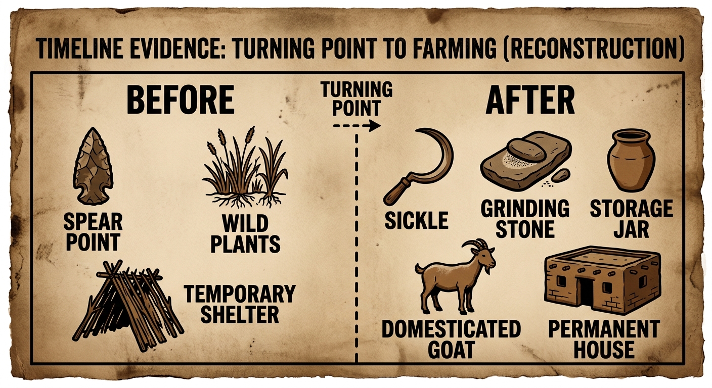 Reconstructed timeline document comparing before and after farming with labeled icons such as spear point, wild plants, temporary shelter, sickle, grinding stone, storage jar, domesticated goat, and permanent house.