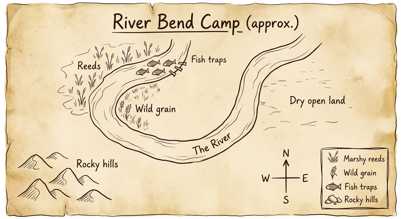 Sepia-toned hand-drawn map labeled “River Bend Camp” showing a river, reeds, wild grain, fish traps, rocky hills, dry open land, a compass rose, and a small legend.
