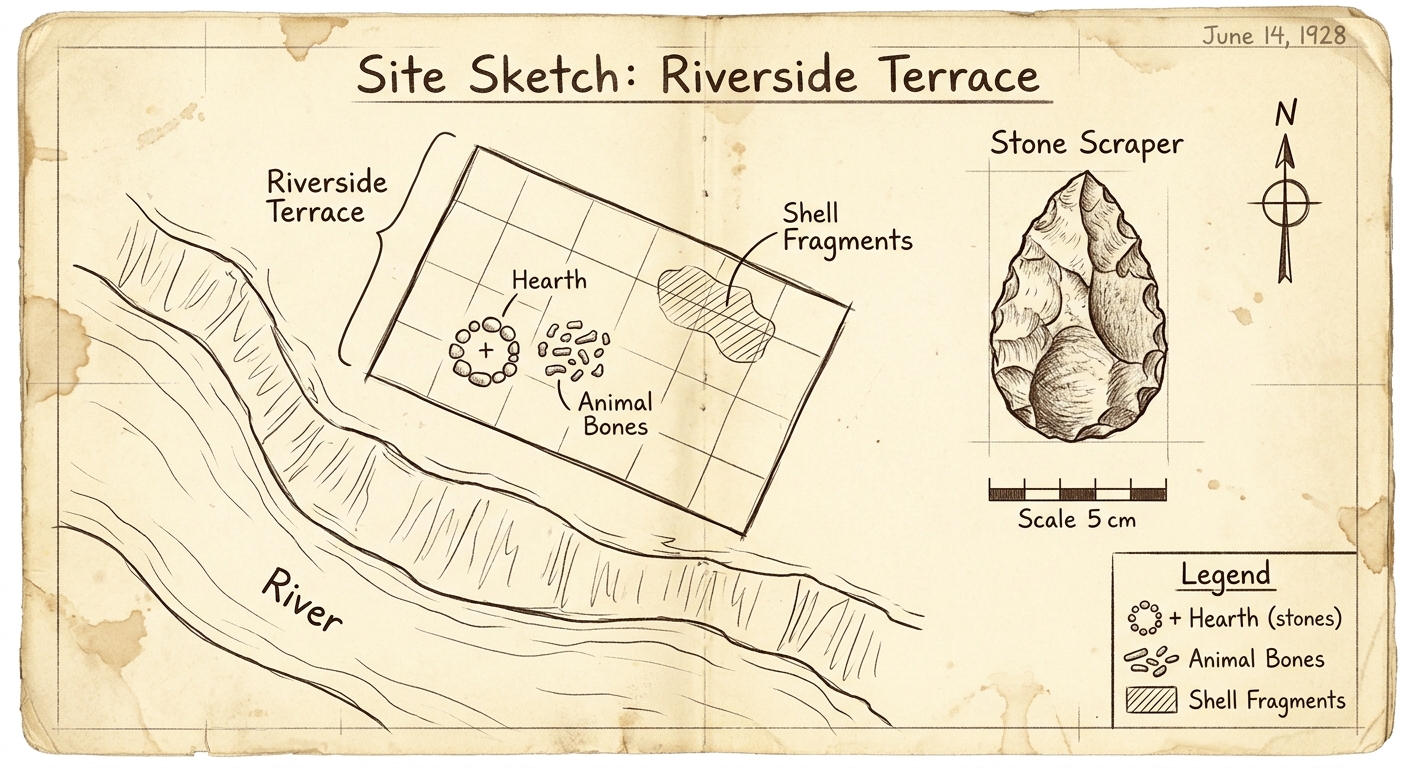 Archaeological field notebook sketch labeled “Site Sketch: Riverside Terrace” showing a river terrace, a hearth, animal bones, shell fragments, and a stone scraper drawing with a scale bar and north arrow.