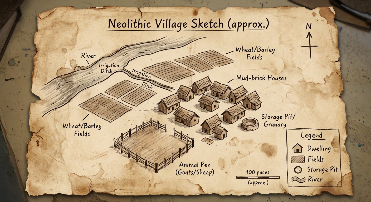 Parchment-style sketch map of a Neolithic village near a river with farm fields, an irrigation ditch, animal pens, small houses, and a granary, plus a compass rose and legend.