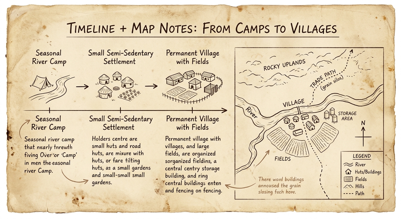 Sepia-toned notebook page with a simple timeline from river camp to permanent village and a small map showing a river, fields, a storage area, and a trade path, with a compass rose and legend.