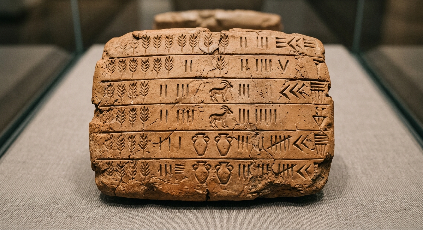 Photo of a clay tablet with pictographs and tally marks showing a grain-and-livestock inventory.