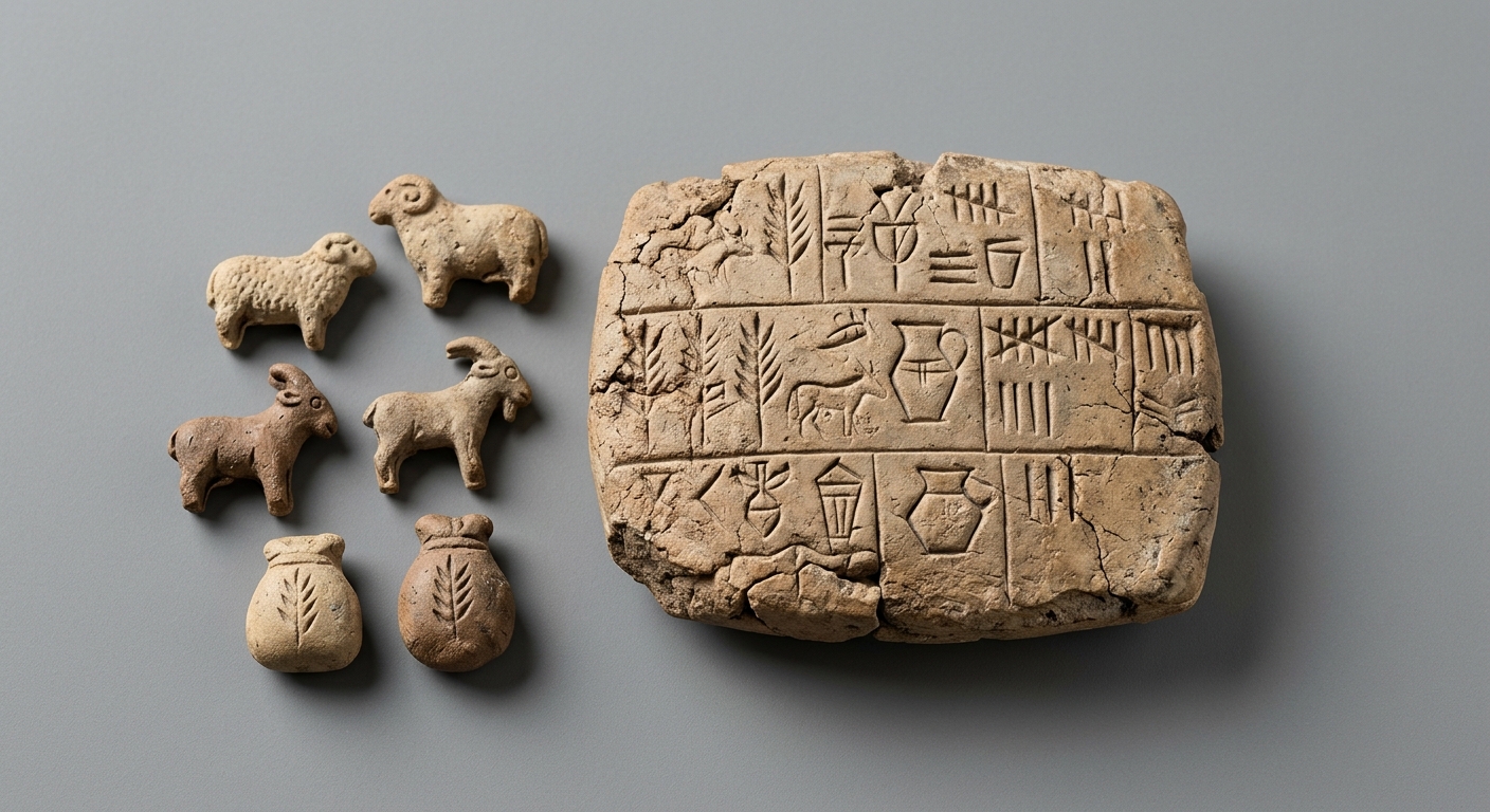 Museum-style photo of a clay tablet with tally marks and small clay tokens representing grain and domesticated animals.