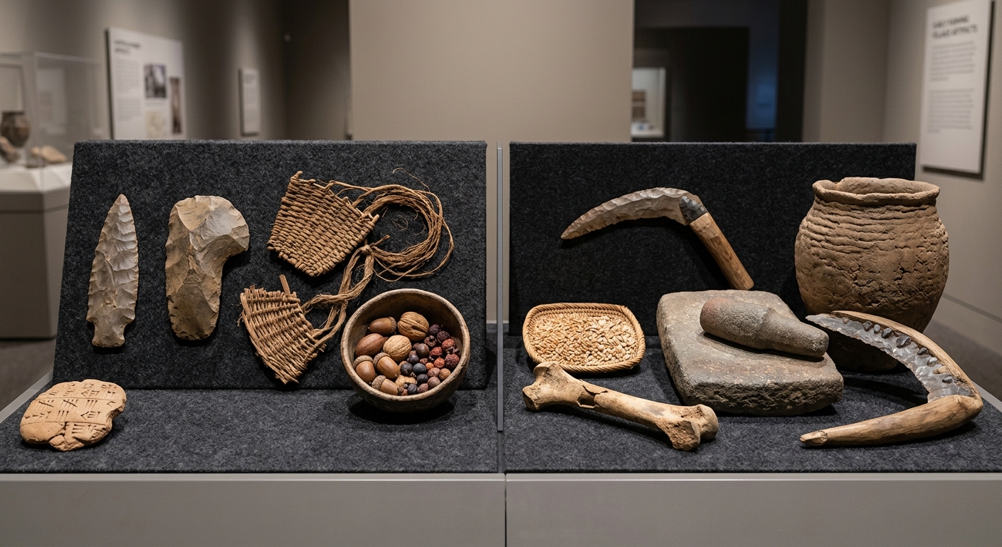 Museum display photo showing hunter-gatherer tools on the left and early farming artifacts like a storage jar, grain, and a tally tablet on the right.