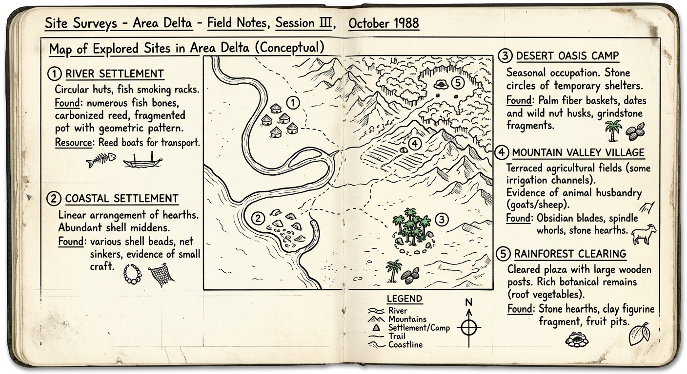 null Field notebook page showing five early settlements in river, coast, desert, mountain, and rainforest environments with notes about resources and artifacts.