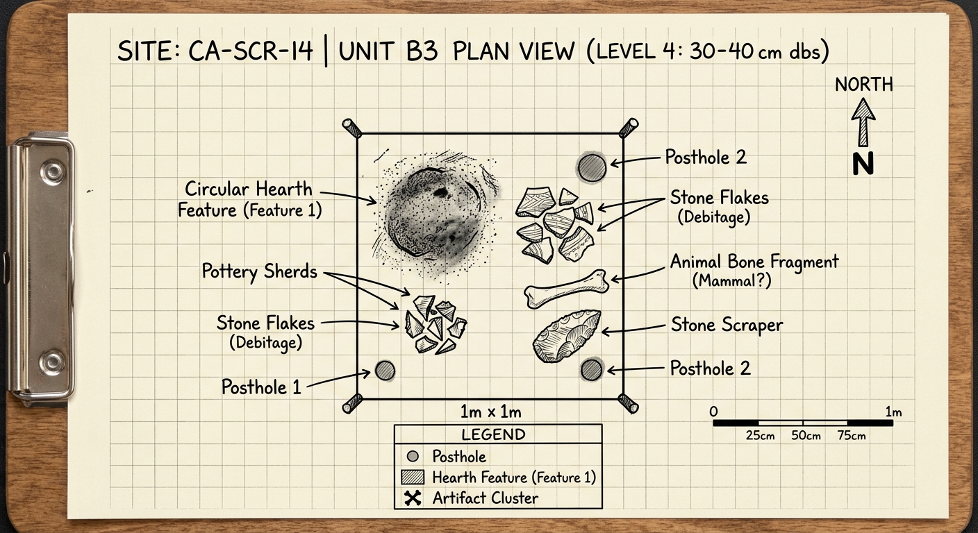 Archaeology field sketch of a 1 meter by 1 meter excavation unit labeled Unit B3, showing a hearth, two postholes, pottery sherds, stone flakes, an animal bone, and a stone scraper with a north arrow and scale.