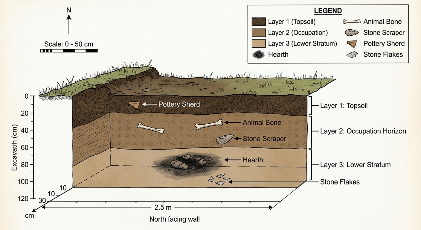 Stratigraphy diagram of an archaeological trench with three soil layers; the bottom layer has a hearth and stone flakes, the middle layer has an animal bone and stone tool, and the top layer has a pottery sherd.