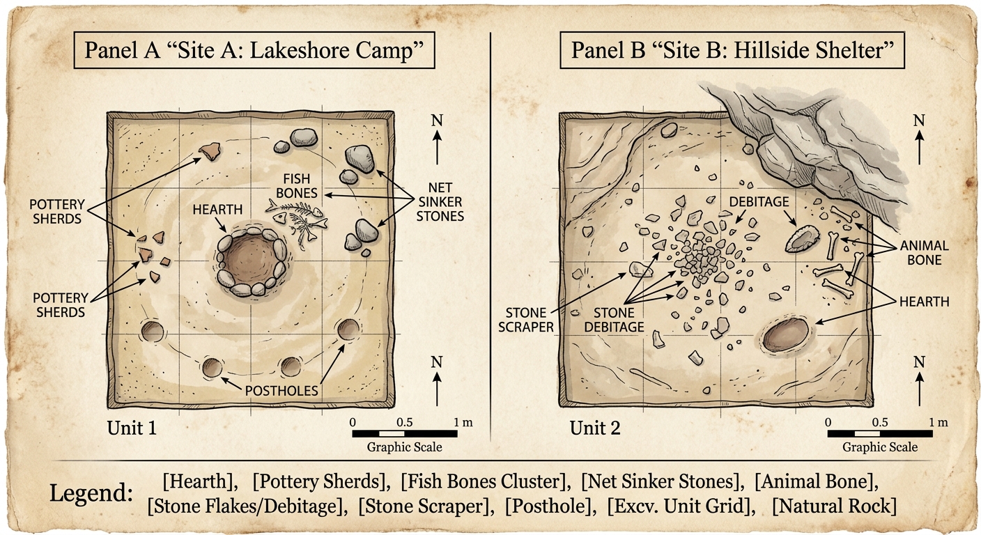 Two side-by-side excavation sketches comparing Site A (lakeshore camp with fish bones and net sinkers) and Site B (hillside shelter with many stone flakes and animal bones), each with a hearth and labels.