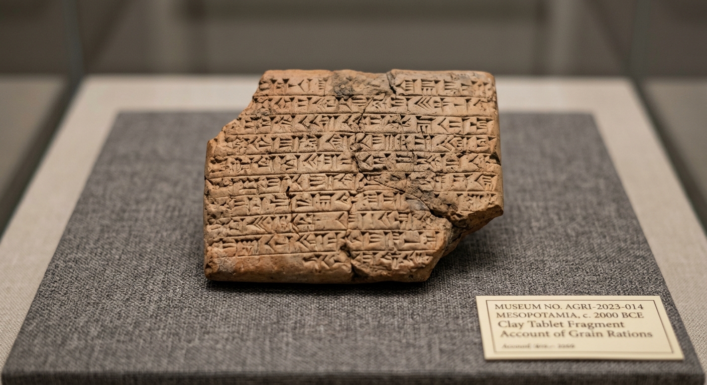 null Photo of a clay tablet fragment with cuneiform-style markings on a museum display.
