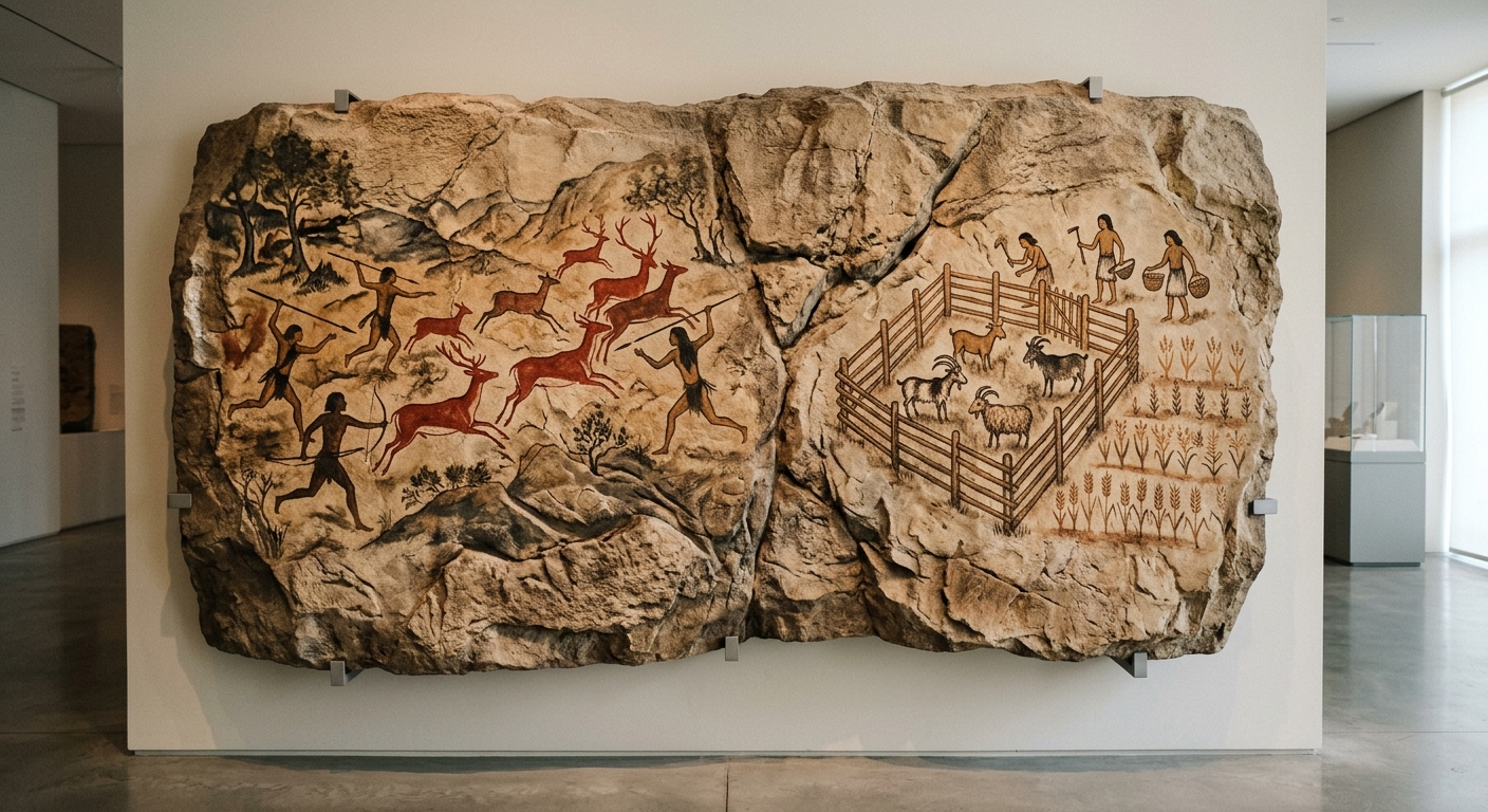 null Museum photo of a replica wall painting showing hunting on one side and herding and farming on the other.