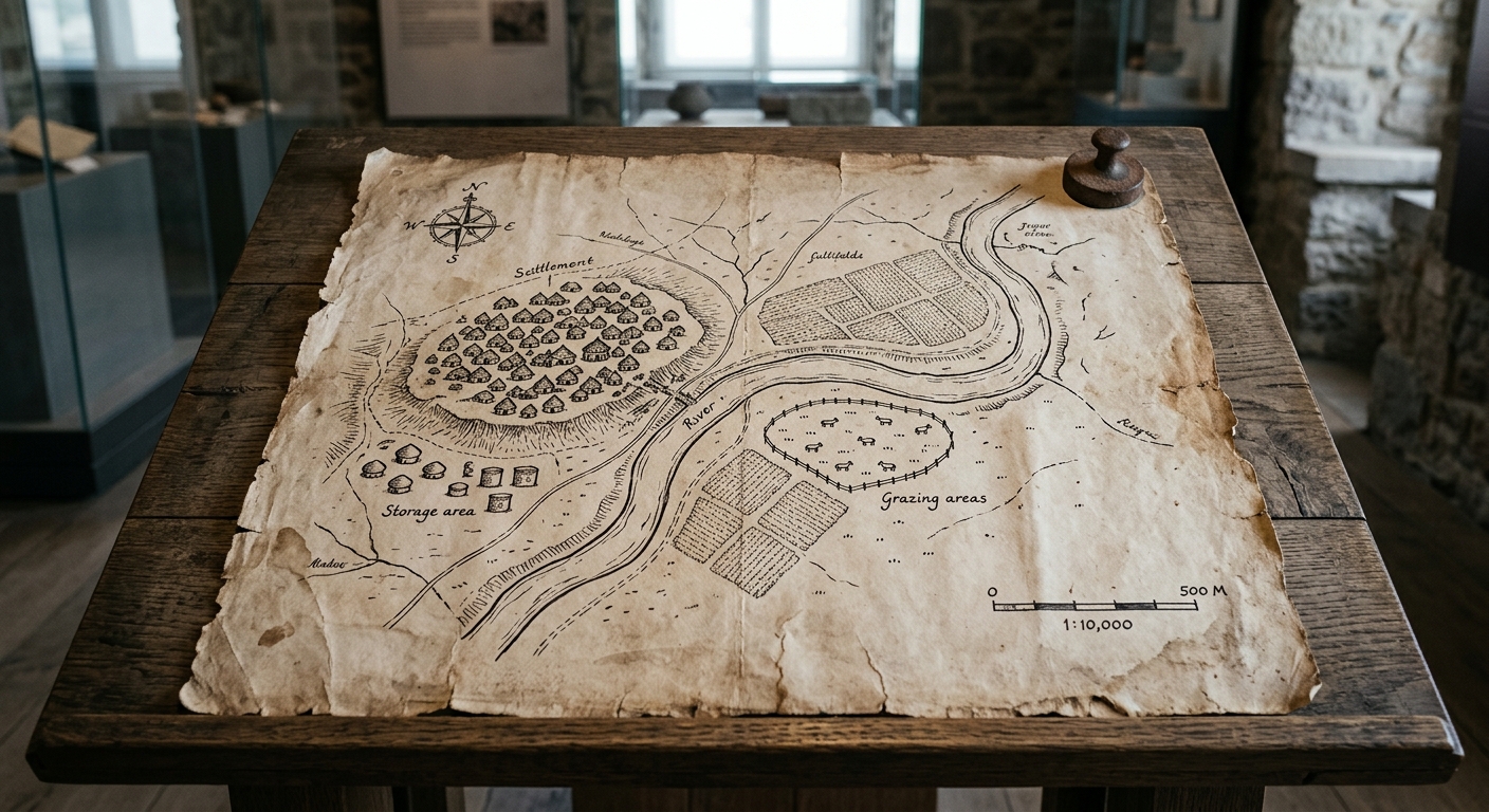 null Museum photo of a site map showing a river, fields, grazing areas, and a settlement.