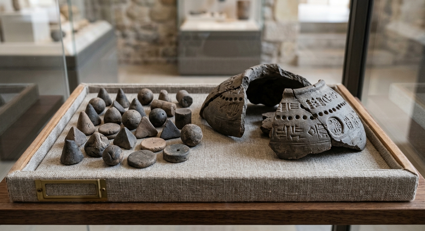 null Museum photo of clay counting tokens and a broken clay bulla used for accounting.