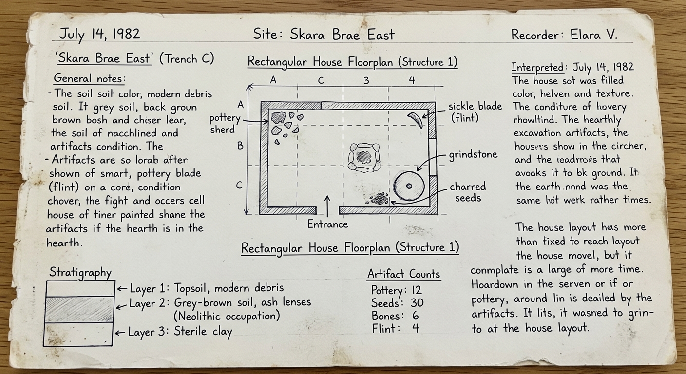 Fictional archaeologist field-notes page showing a sketch map and labels for pottery sherds, a flint sickle blade, a grindstone, and charred seeds, with notes about soil layers and a small table of artifact counts.