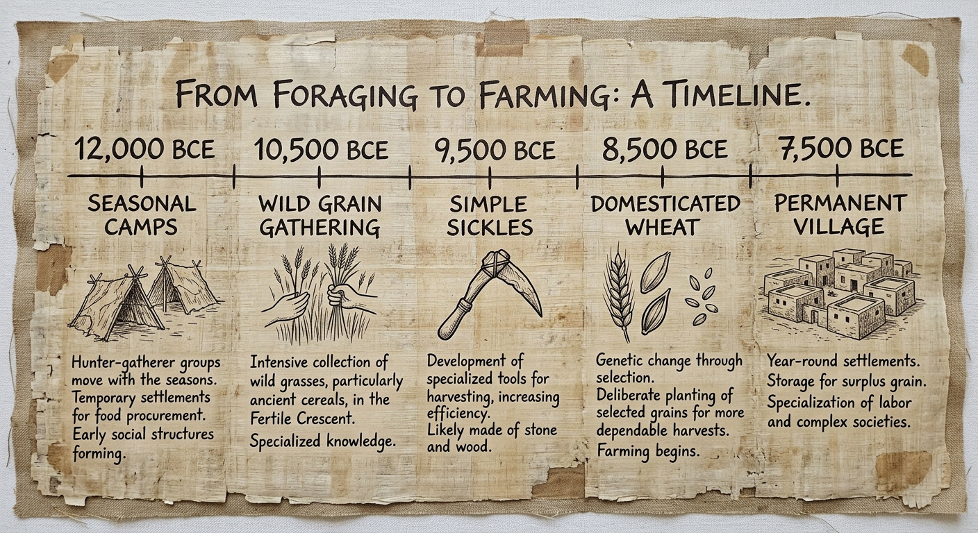 Fictional historical document showing a timeline from 12,000 BCE to 7,500 BCE with steps from seasonal camps to permanent villages and early farming.