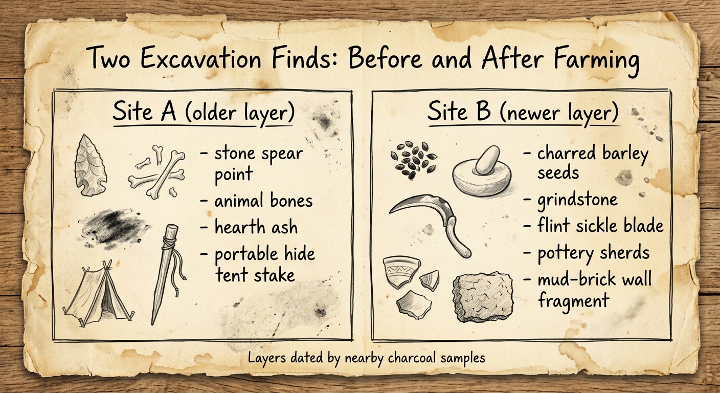 Fictional document comparing two excavation sites: an older layer with hunting tools and bones and a newer layer with seeds, sickle blade, pottery, and mud-brick wall fragments.