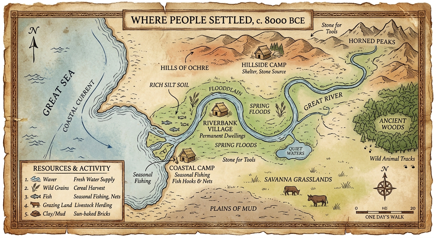 Fictional parchment map showing a river, hills, forest, and coastline with three early settlements and a legend of resources like water, wild grains, fish, and clay.