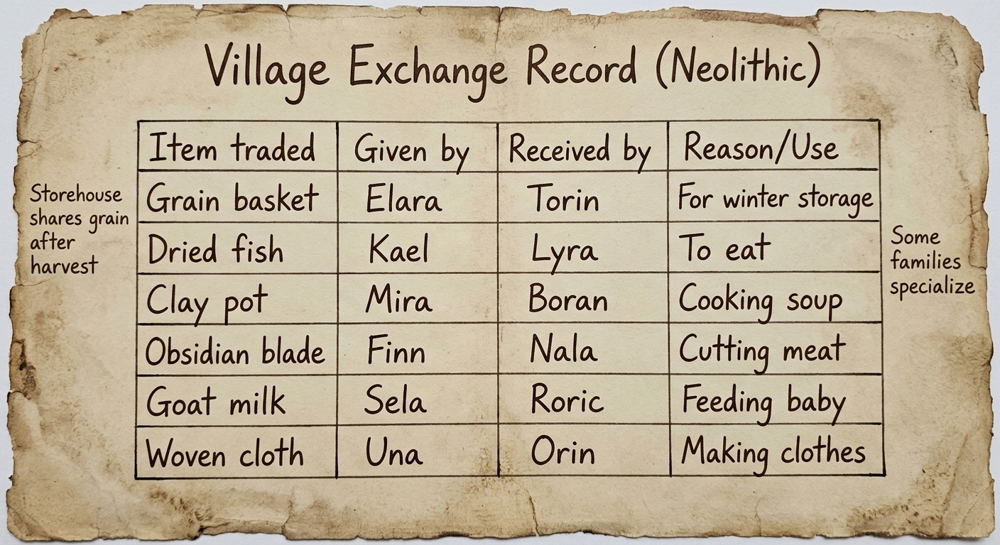 Fictional ledger document showing a Neolithic village exchange record listing traded items like grain, fish, pottery, and tools, with notes about a storehouse and specialization.
