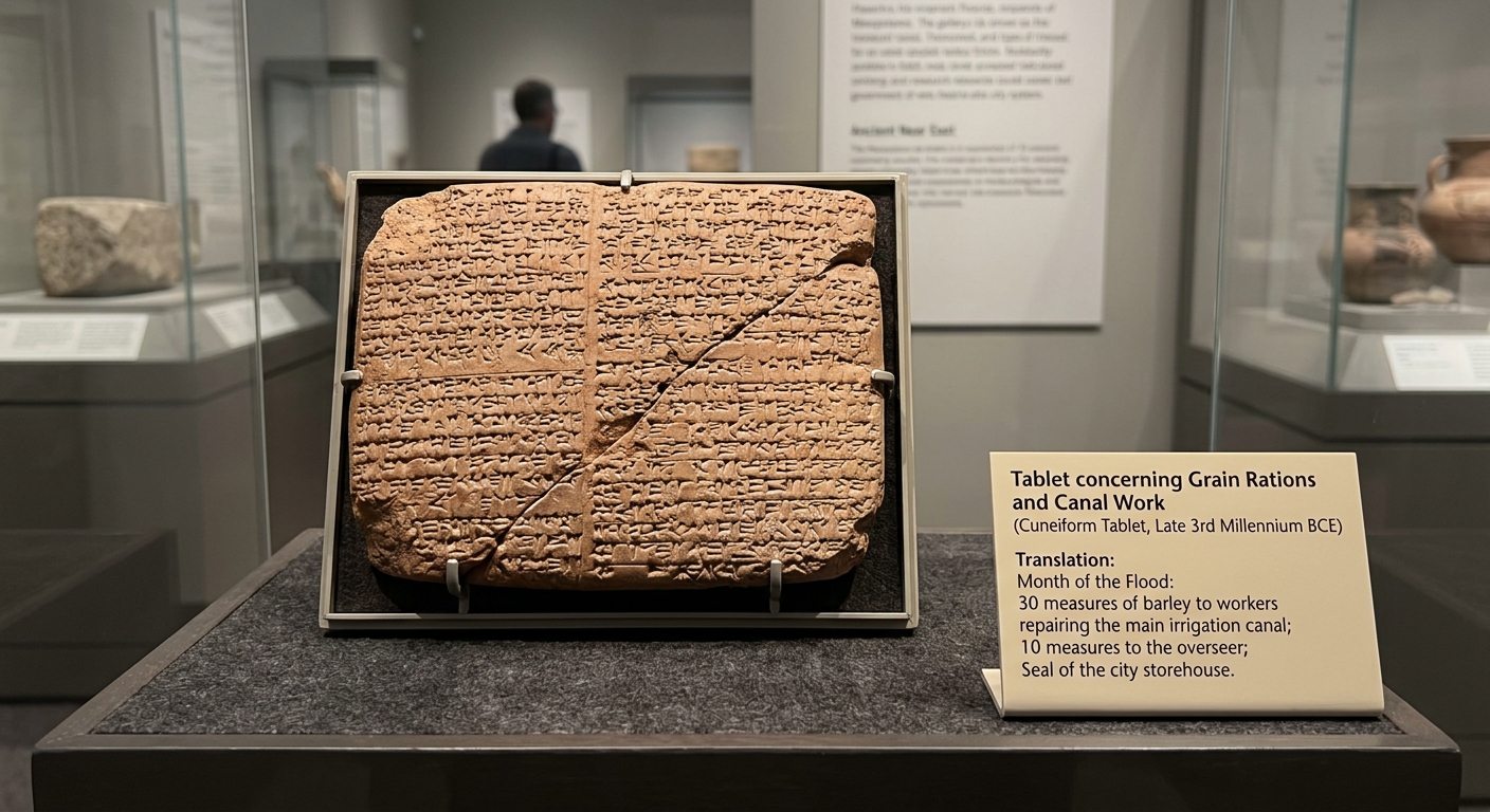 Photo of an ancient clay tablet with cuneiform and a small placard showing a short English translation about barley rations for canal workers.