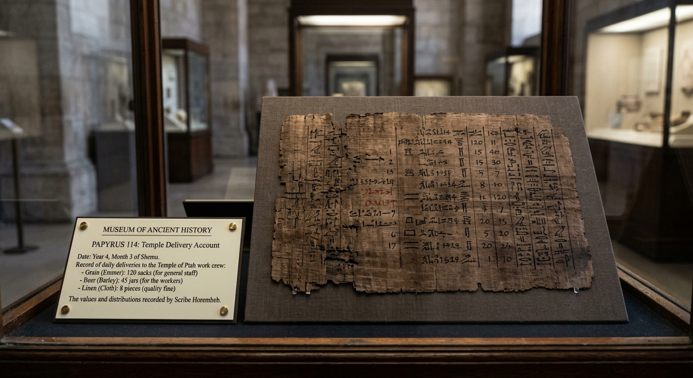 Museum photo of an ancient Egyptian papyrus with hieroglyphs and a placard translating a list of grain, beer, and linen recorded by a scribe.