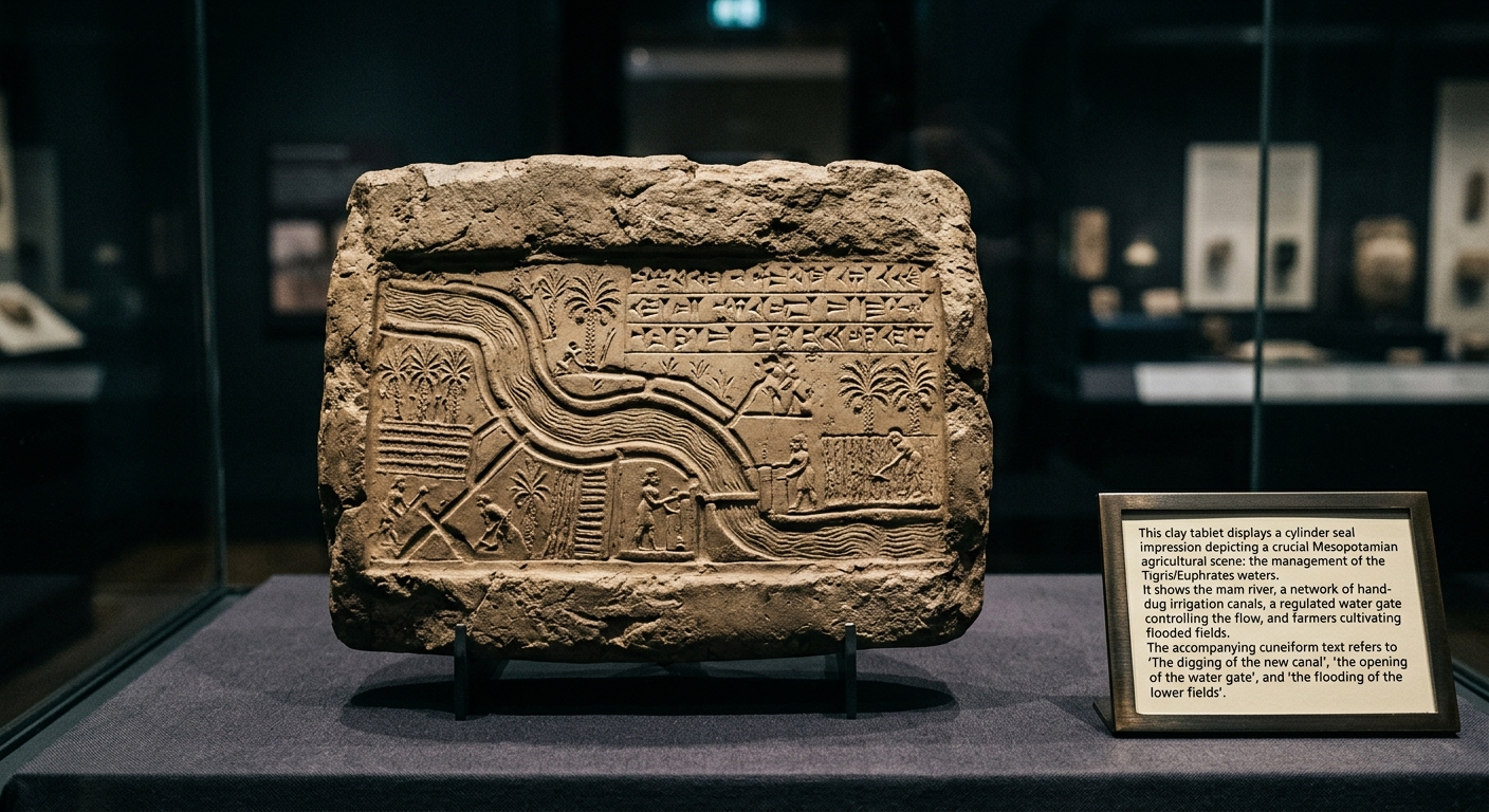 Museum photo of a clay tablet with a cylinder seal impression and a placard translating notes about building irrigation canals and water gates.