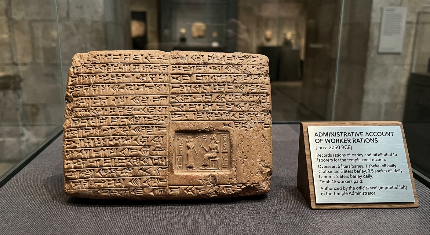 Museum photo of a clay tablet with cuneiform and a placard translating different rations for an overseer, craftsperson, and laborers.