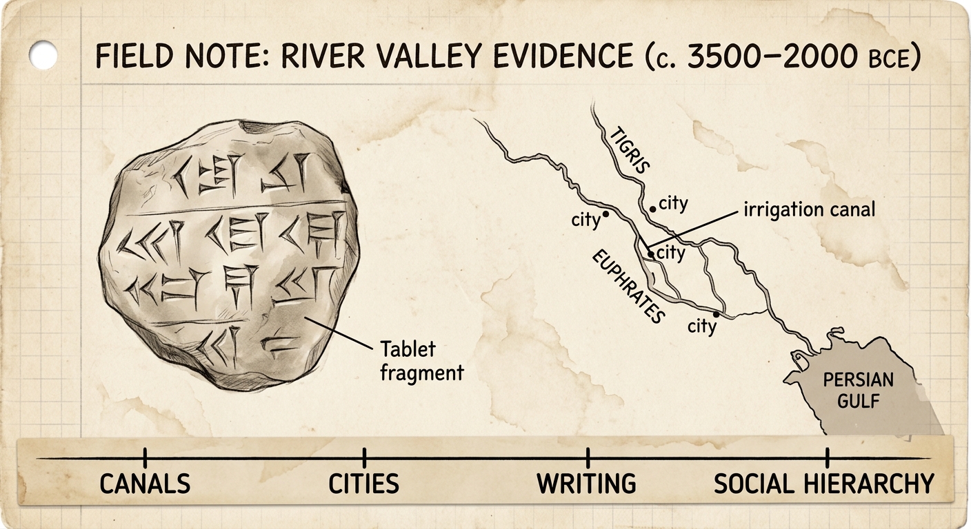 Sepia-toned field-note style document showing a tablet sketch with cuneiform-like marks, a small map of the Tigris and Euphrates rivers with cities and an irrigation canal, and a timeline labeled canals, cities, writing, and social hierarchy.