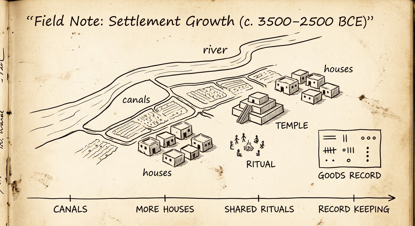 Sepia-toned field-note style document showing a river and irrigation canal, houses around a temple, a labeled ritual area, a goods-record symbol box, and a timeline labeled canals, more houses, shared rituals, and record keeping.