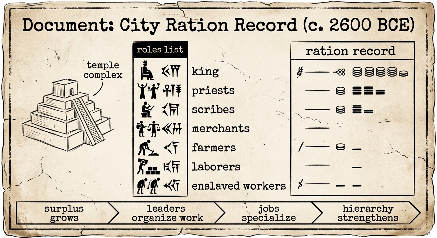 Sepia-toned document showing a list of social roles from king down to enslaved workers, a ration record with larger rations for higher roles, a temple sketch, and a timeline labeled surplus grows, leaders organize work, jobs specialize, and hierarchy strengthens.
