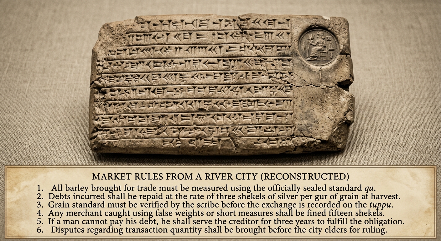 A photo-style image of a worn clay tablet with cuneiform-like marks and an English translation titled “Market Rules from a River City,” describing fair weights, debts, and penalties.