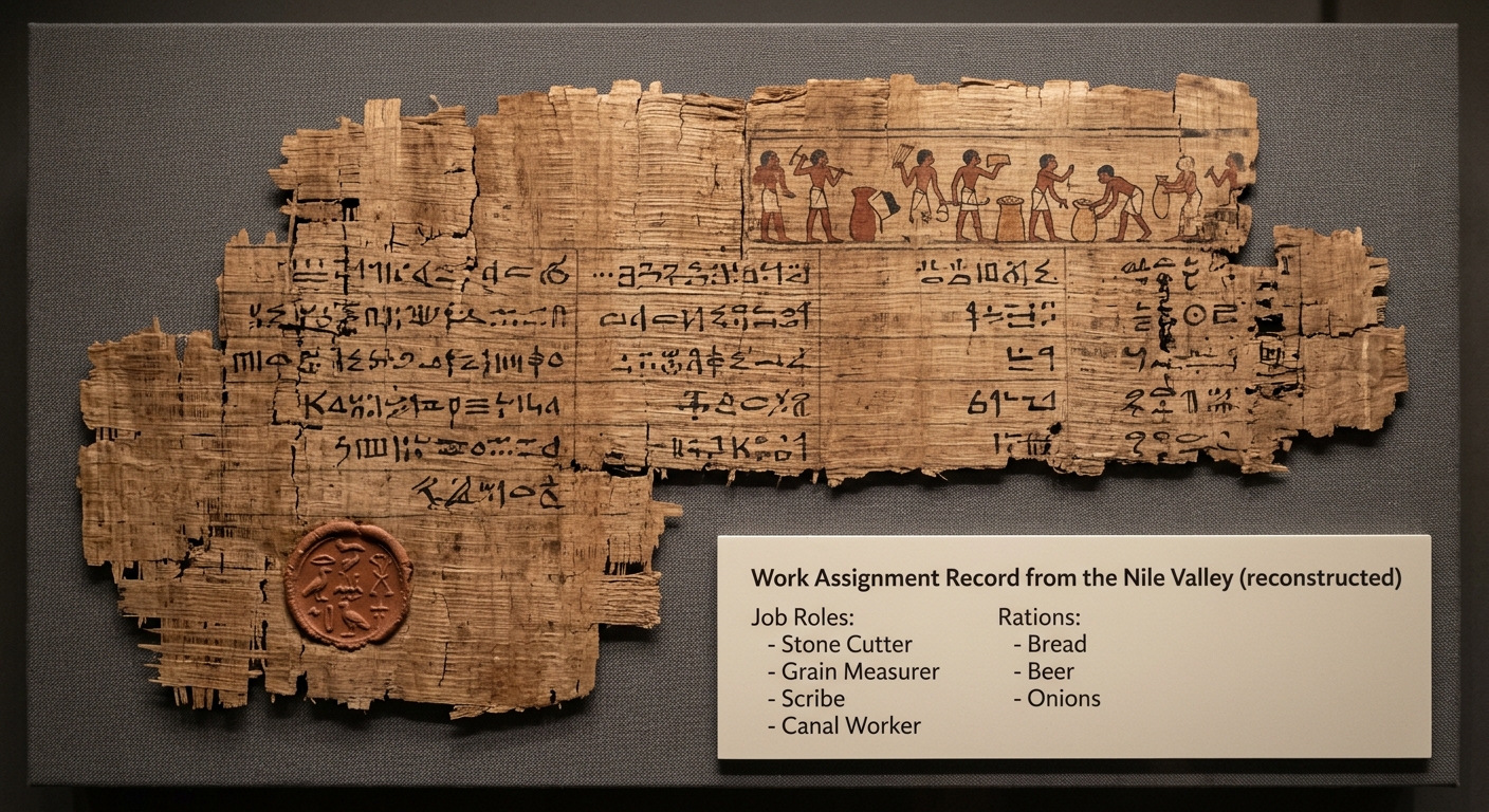 A museum-style photo of a papyrus fragment with an English caption titled “Work Assignment Record from the Nile Valley,” listing job roles and rations.