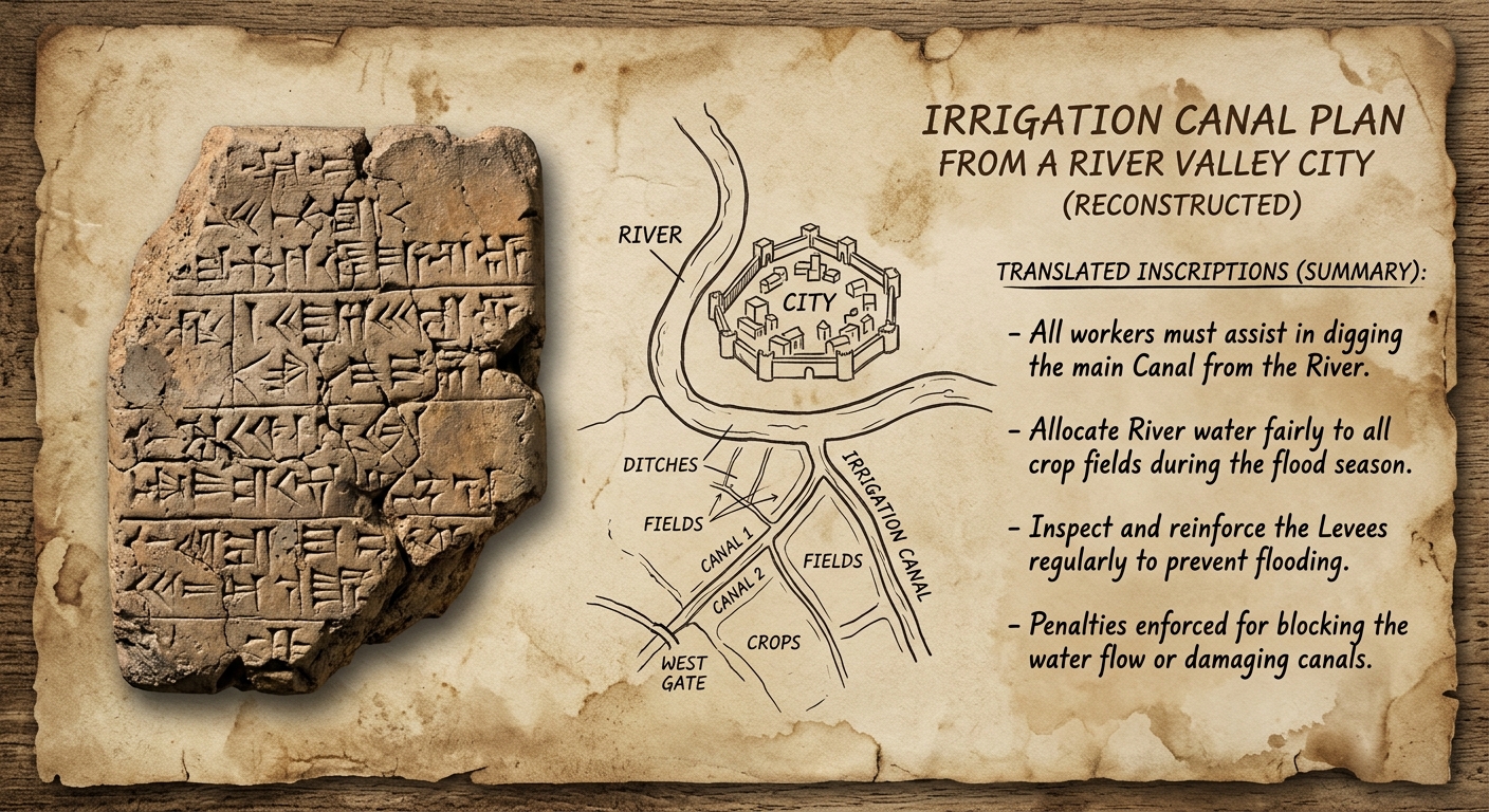 A photo-style image of a clay tablet fragment with an attached sketch map titled “Irrigation Canal Plan from a River Valley City,” describing canal maintenance and water-sharing rules.