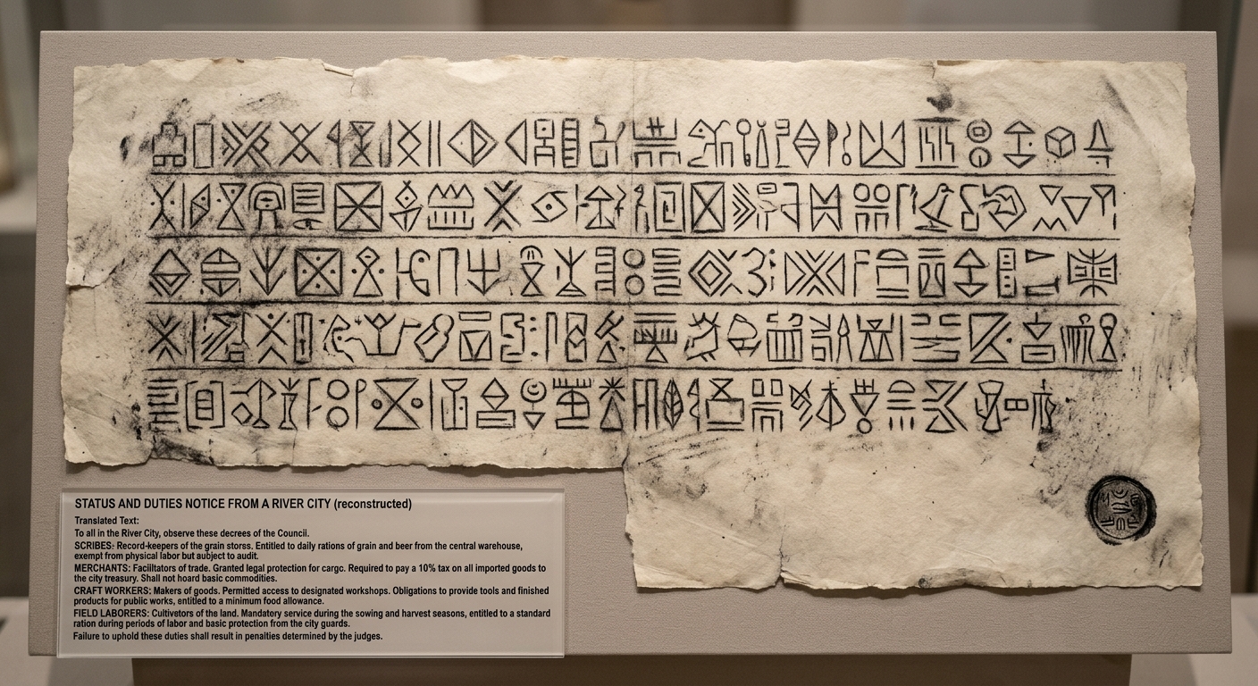 A charcoal-rubbing style image of a stone inscription with a caption titled “Status and Duties Notice from a River City,” listing social groups and their privileges or obligations.